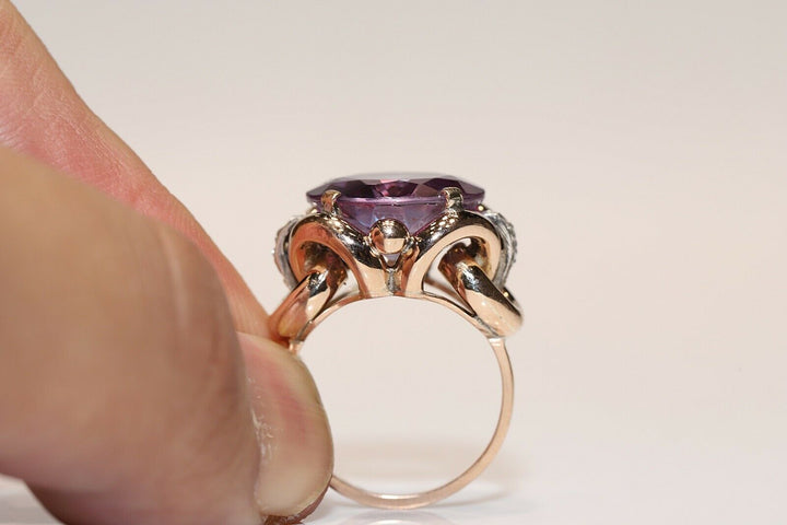オールド オリジナル ヴィンテージ 14K ナチュラルローズカットダイヤモンドとアメシストのリング