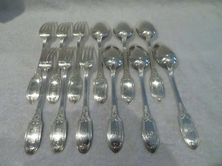 1900 French sterling 950 silver 6 dinner forks 6 soup spoons E Puiforcat swan