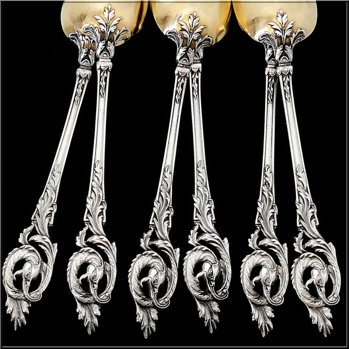 Canaux French Sterling Silver 18k Gold Coffee Dessert Spoons Set, Box, Dragon