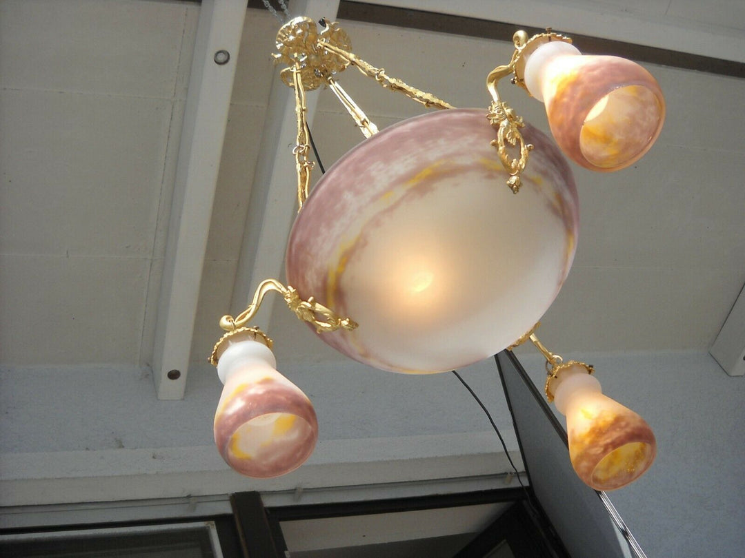 MULLER FRERES ( Croismare ) Deckenlampe Pate de verre Messing