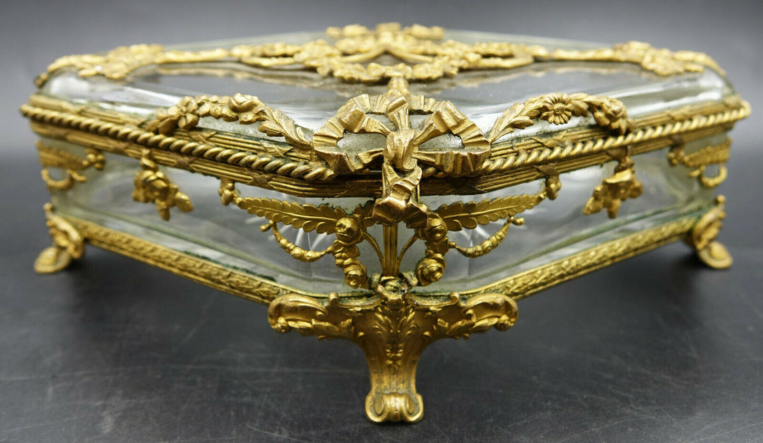 Louis XV French Baccarat Jewelry Box Crystal Ormolu Dore Bronze Rhombus Shaped