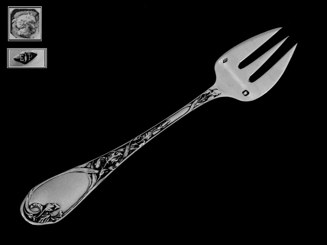 Puiforcat Fabulous French All Sterling Silver Oyster Forks 12 pc Iris Pattern