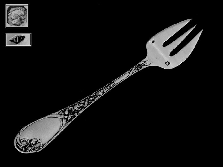 Puiforcat Fabulous French All Sterling Silver Oyster Forks 12 pc Iris Pattern