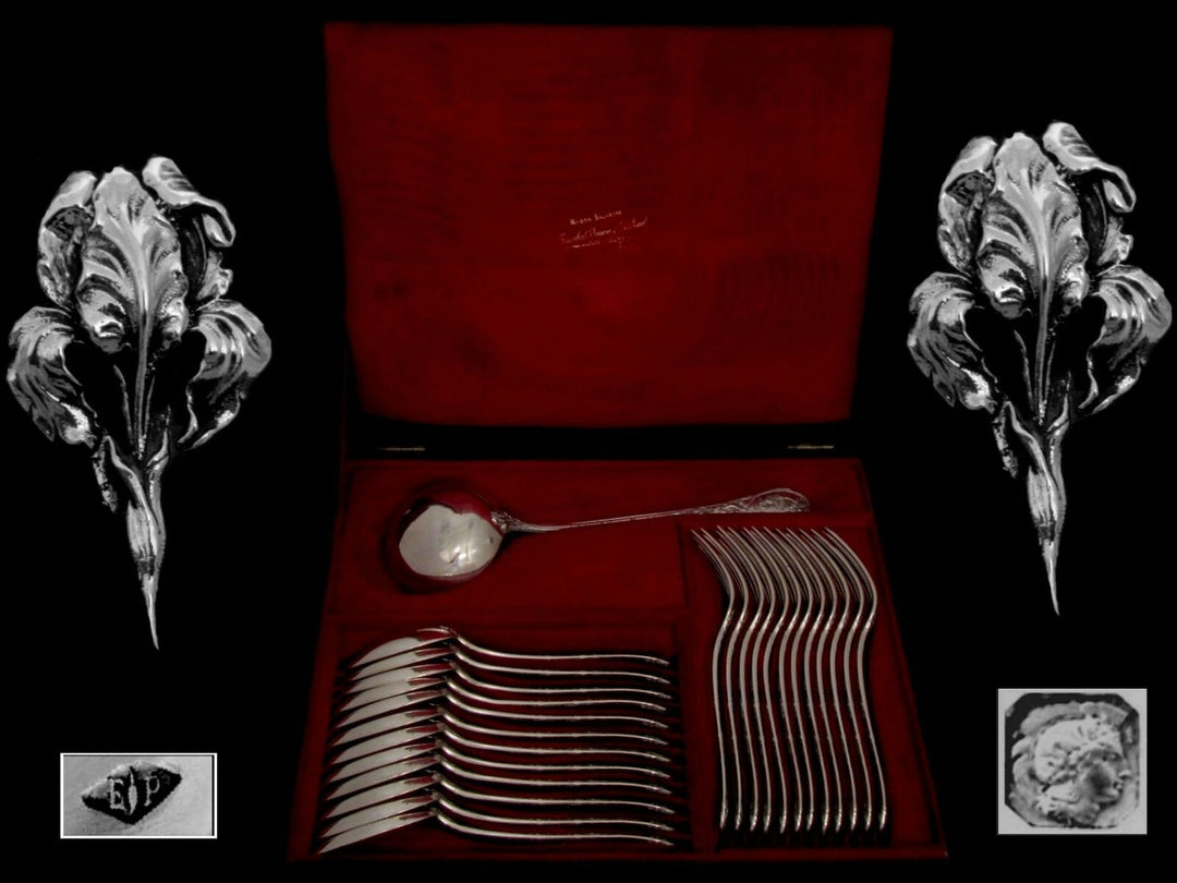 Puiforcat French Sterling Silver Dinner Flatware Set 25 pc Iris w/box