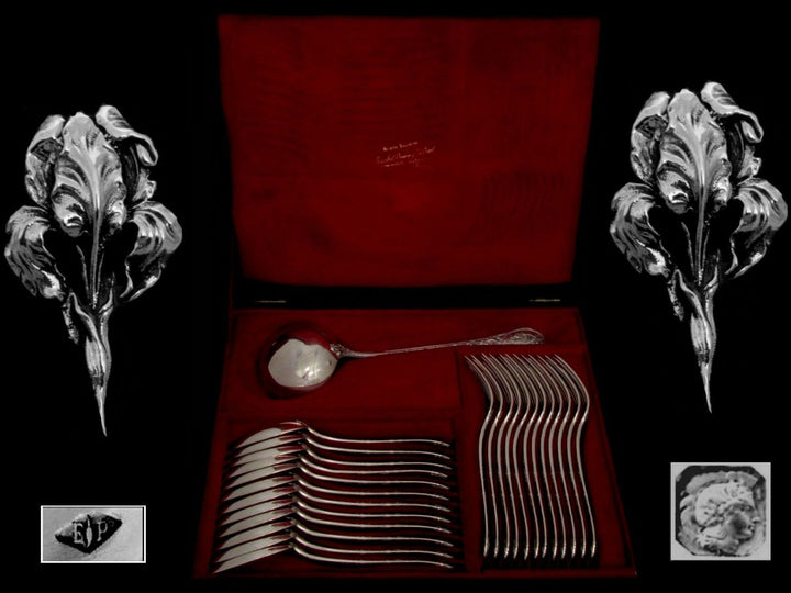 Puiforcat French Sterling Silver Dinner Flatware Set 25 pc Iris w/box