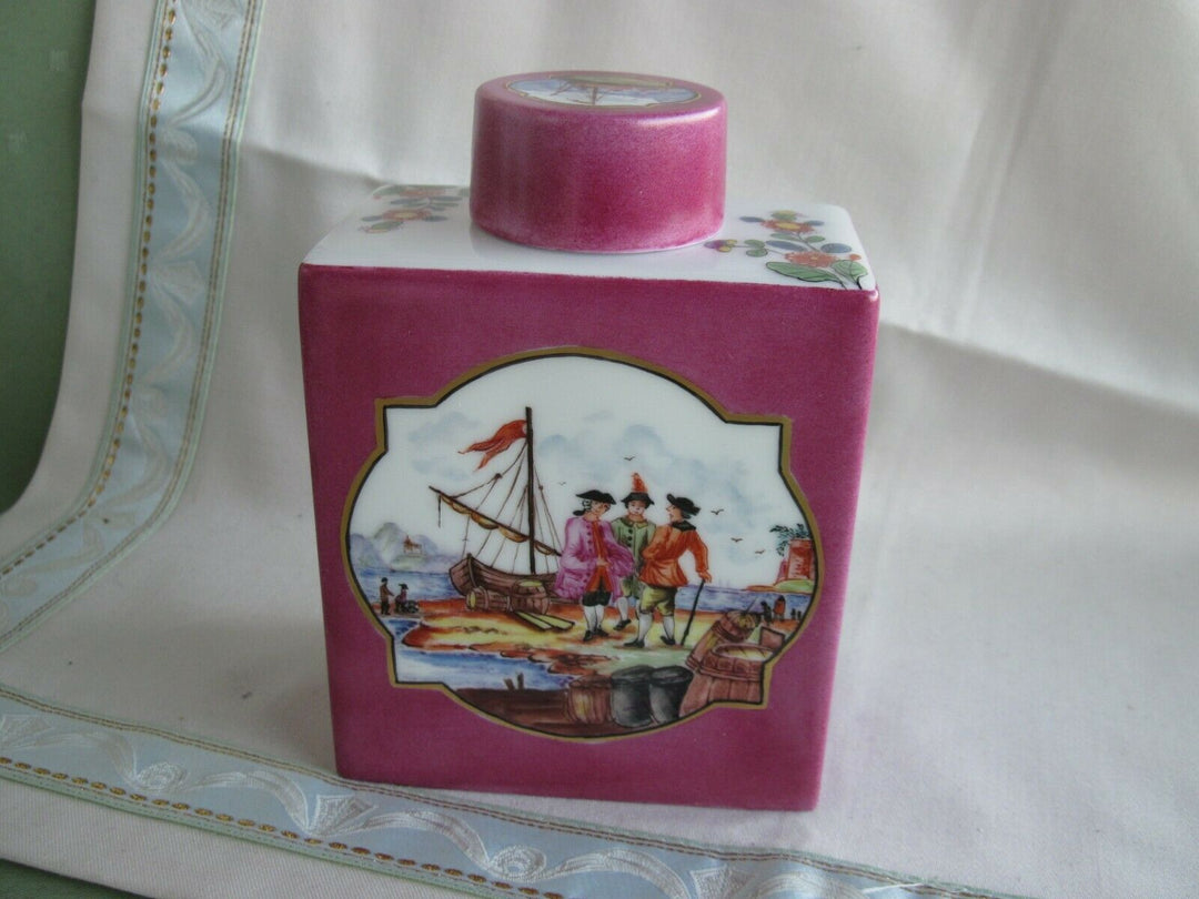 Schöne Meissen Teedose mit vielen Indischen Blumen und Handels-Szenen