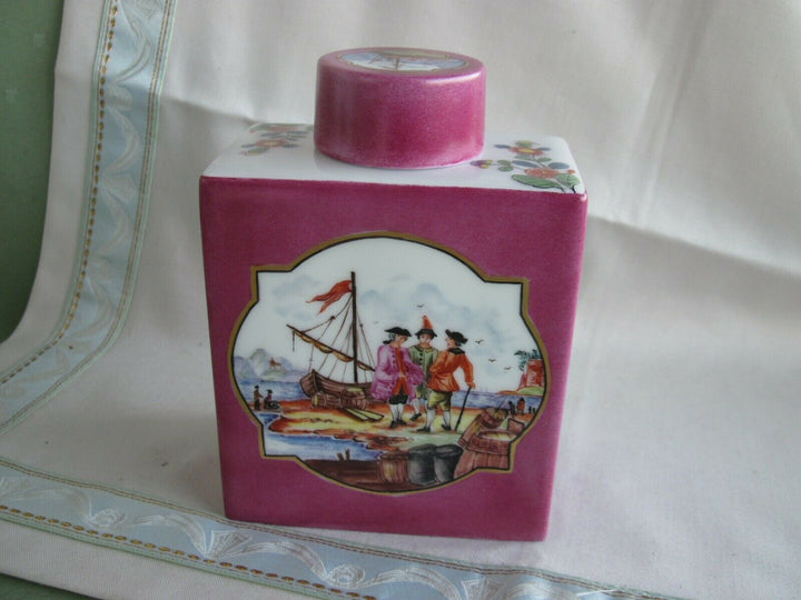 Schöne Meissen Teedose mit vielen Indischen Blumen und Handels-Szenen