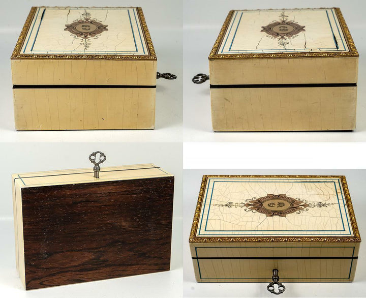 Stunning Antique French Jewelry Box, Cigar Casket, Boulle Work, Lock w Key