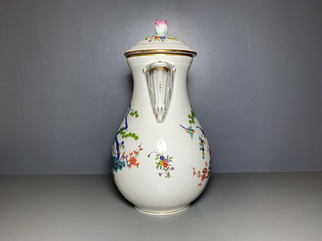 GROSSE MEISSEN KAFFEE KANNE INDISCHES ASTMUSTER VOGEL BLUMEN GOLD GUTER ZUSTAND