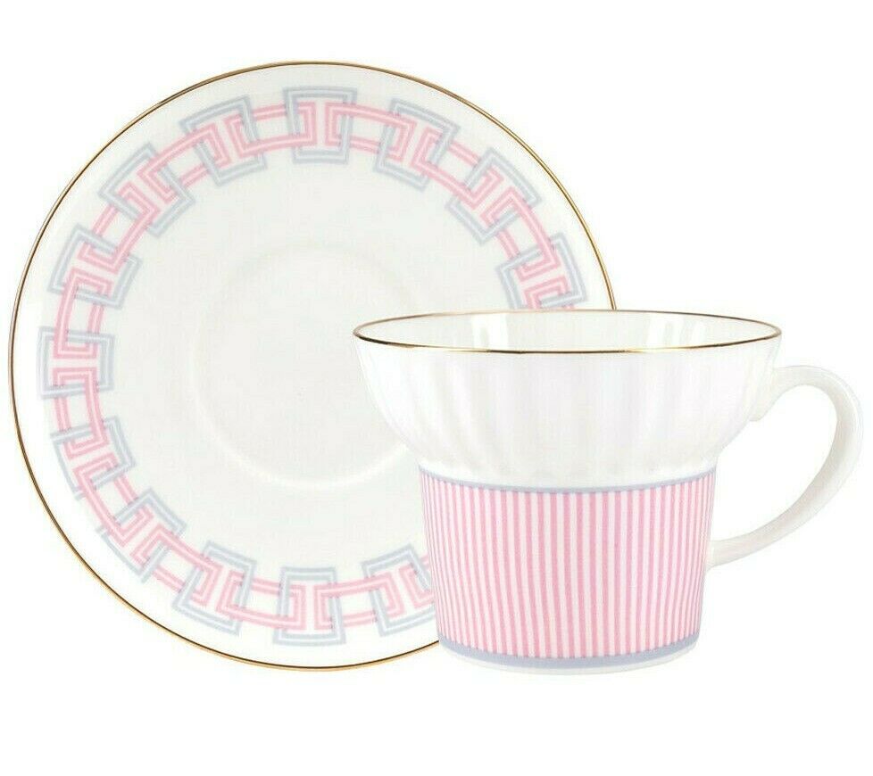 Pink Imperial Porcelain Teacup & Saucer, Geometry #5 Pattern, LOMONOSOV, LFZ
