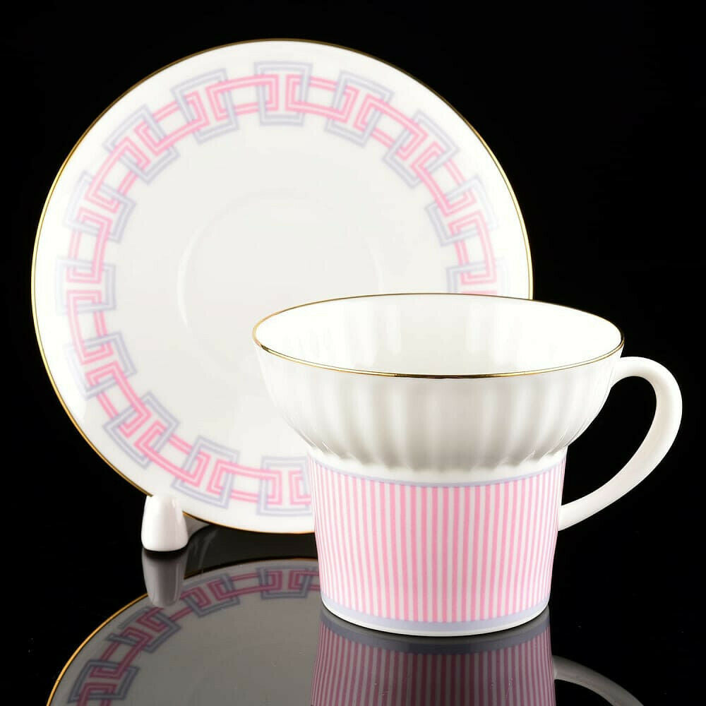 Pink Imperial Porcelain Teacup & Saucer, Geometry #5 Pattern, LOMONOSOV, LFZ