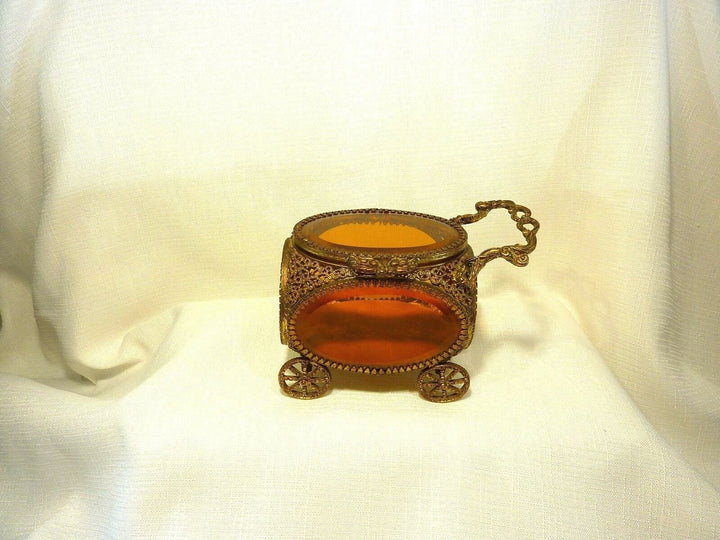 Vintage Ormolu 24k Gold Plate Amber Colour Beveled Glass Jewel Casket