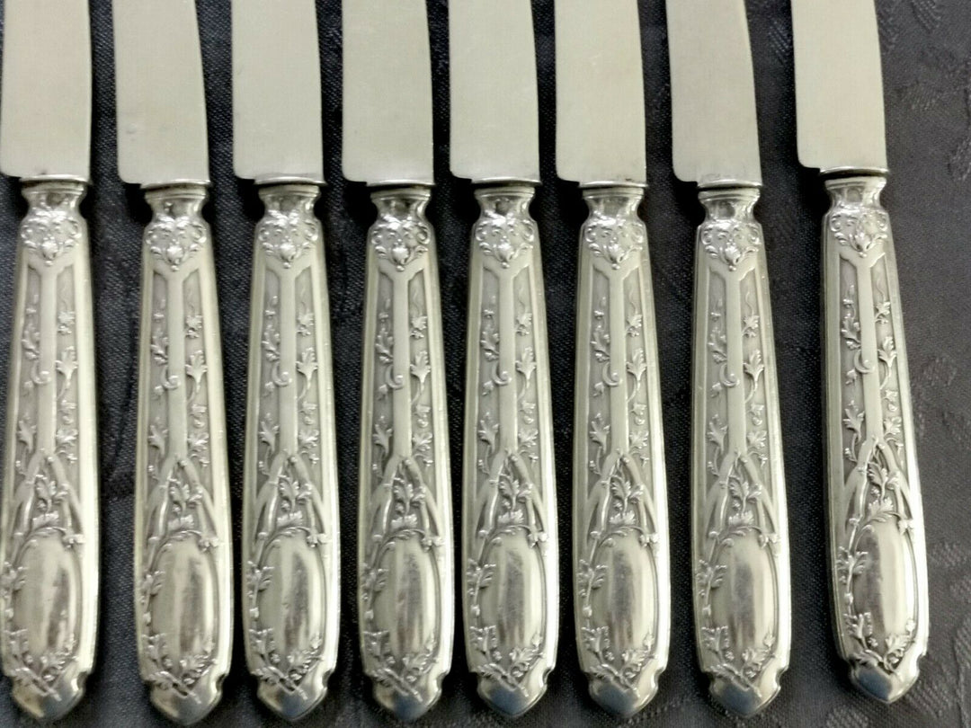 ARGENT MASSIF PUIFORCAT MODERNE FEUILLAGE 8 COUTEAUX LAMES EN ARGENT MASSIF MIN