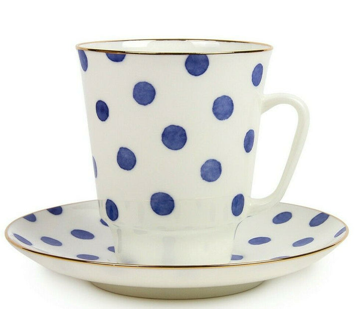 White Imperial Porcelain Teacup & Saucer, Blue Polka Dot, Mood#7 Pattern, LFZ
