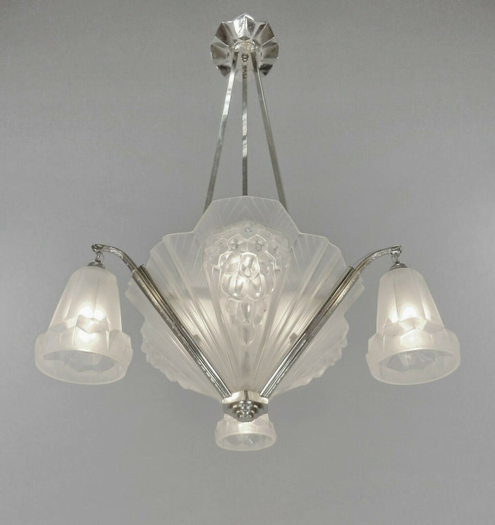 PETITOT : signed FRENCH 1930 ART DECO CHANDELIER ....... muller and degué shades