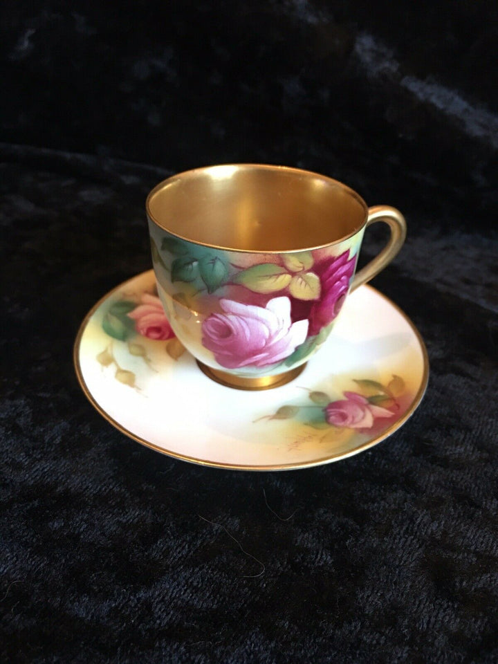 ROYAL WORCESTER ROSES CABINET CUP & SAUCER, WITH GOLD GILT PUCE BACKSTAMP