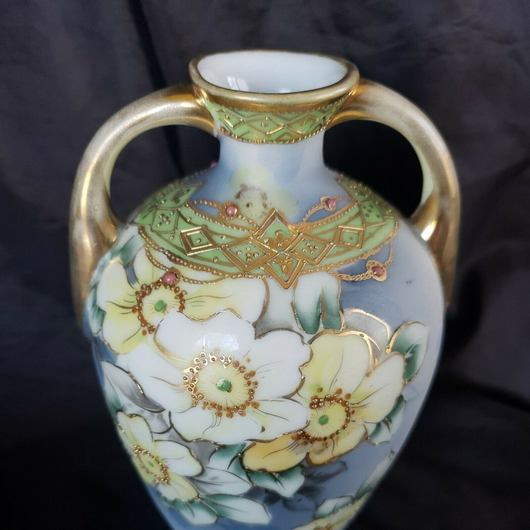 ANTIQUE NIPPON MORIMURA HAND PAINTED GOLD BEADED VASE W/HANDLES & FLORAL MOTIF