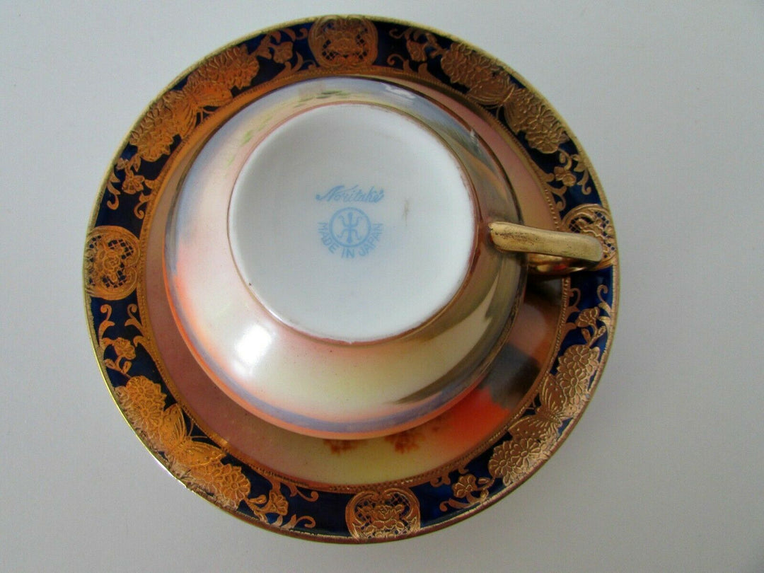 ANTIQUE NORITAKE ART DECO CHINA PORCELAIN GILDED SCENIC PAINTED TEA CUP & SAUCER