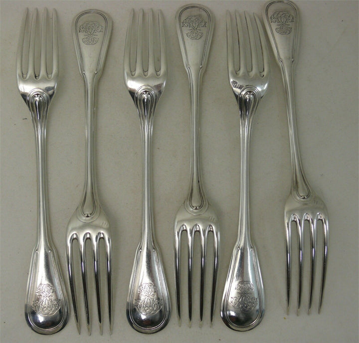 6 belles fourchettes, argent massif, Minerve, Puiforcat, excellent état.