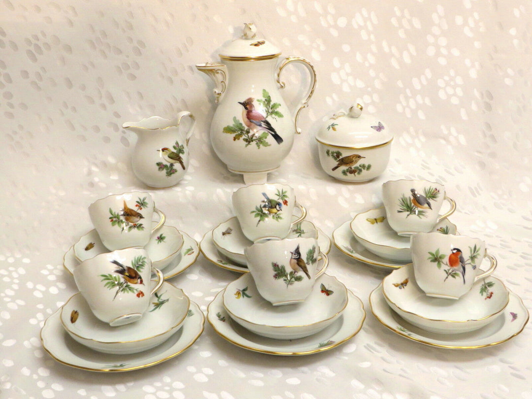 TOP-Meissen 1.Wahl Mocca-/Espresso-Service, Vögel, Insekten, & Kuchenteller ©