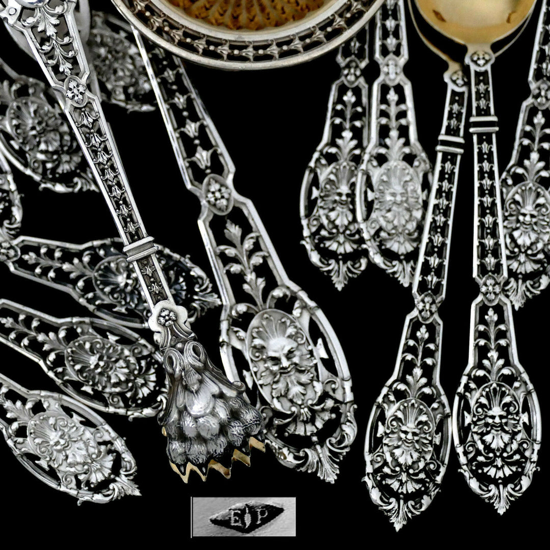 Puiforcat Masterpiece French Sterling Silver 18k Gold Dessert Set 15 pc Mascaron