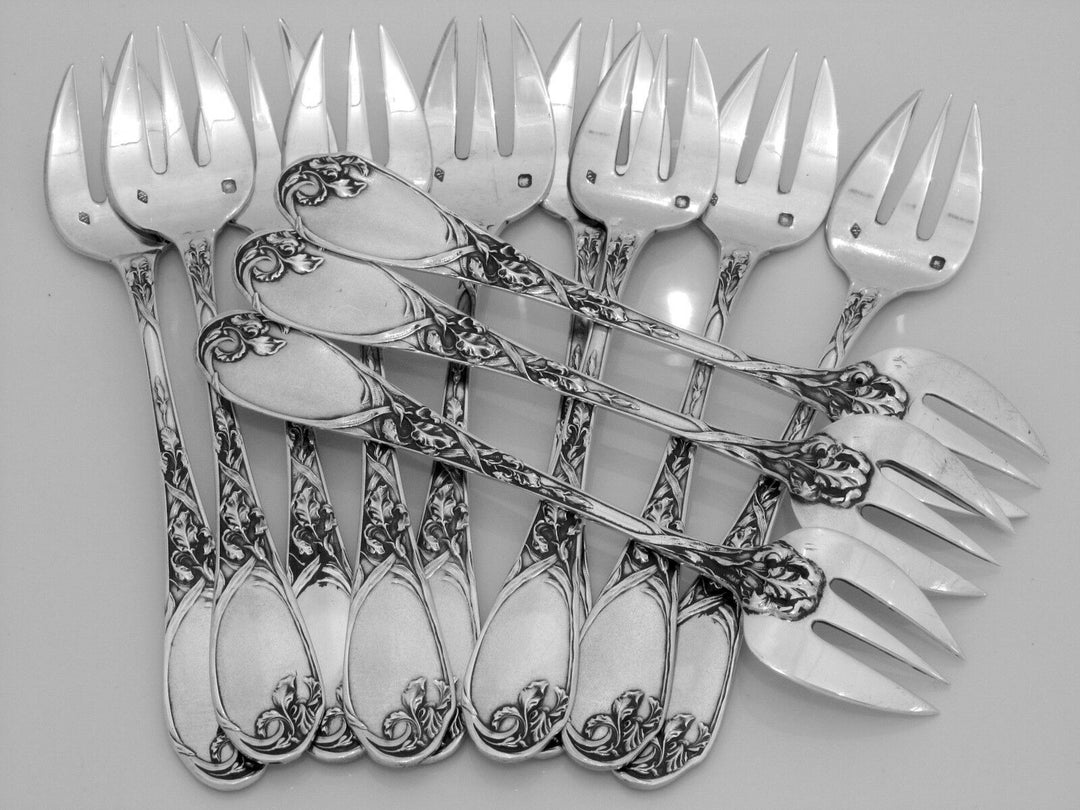 Puiforcat Fabulous French All Sterling Silver Oyster Forks 12 pc Iris Pattern