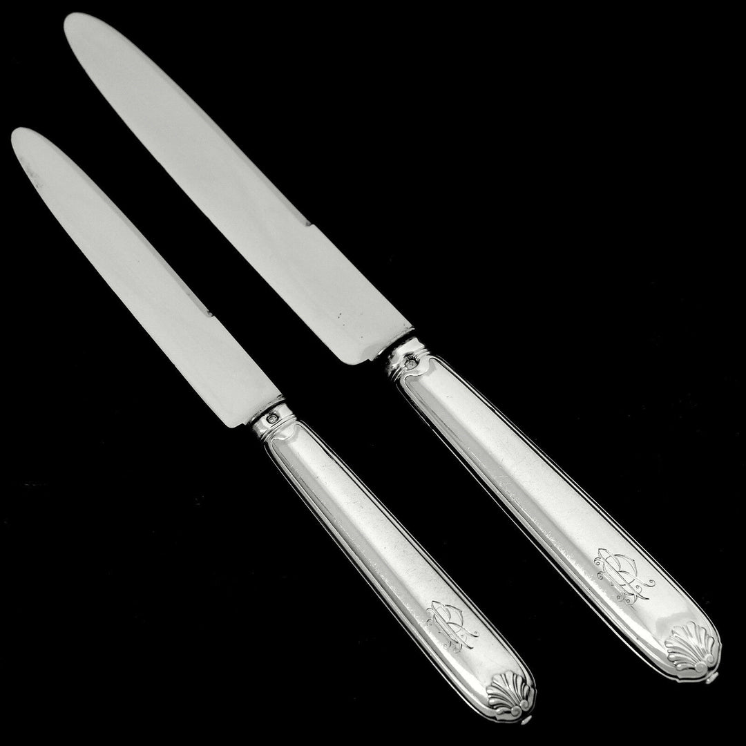 Puiforcat French Sterling Silver Dinner Dessert Knife Set 24 Pc, box, Shell
