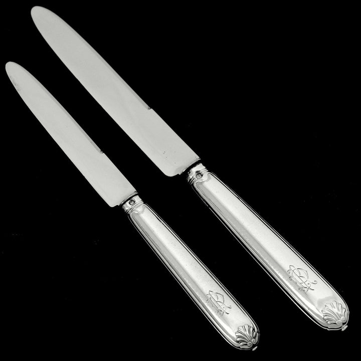 Puiforcat French Sterling Silver Dinner Dessert Knife Set 24 Pc, box, Shell