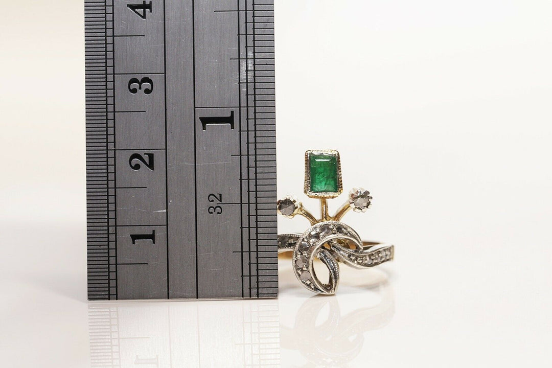 アンティーク オリジナル 18K ナチュラルローズカットダイヤモンドとエメラルドのリング