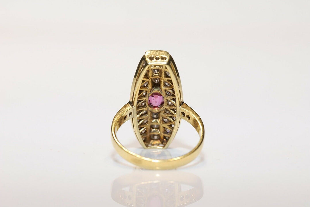 オールド ロシアン 14K ナチュラルダイヤモンドとルビーのナヴェットリング