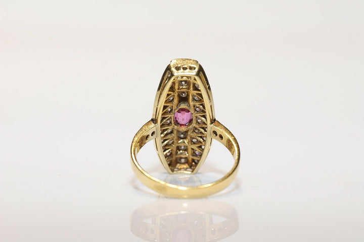 オールド ロシアン 14K ナチュラルダイヤモンドとルビーのナヴェットリング