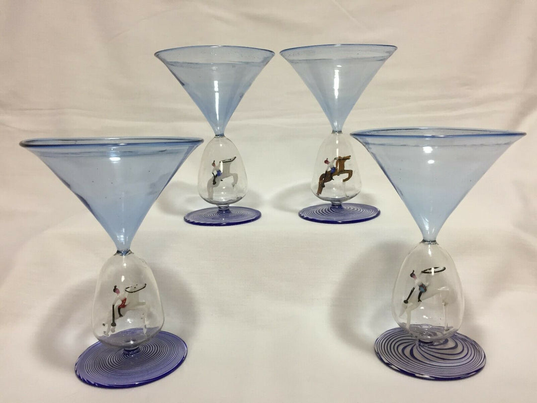 Bimini glass goblets, set of 4, polo riders, collectible, rare, art glass