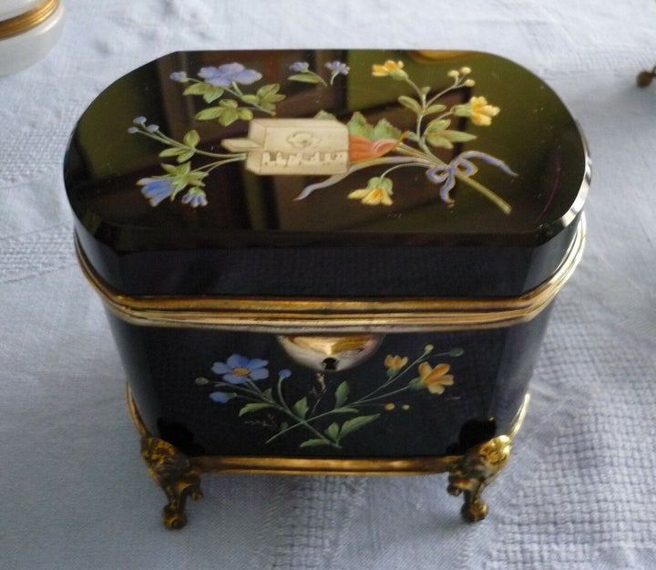 Antique Huge French Glass Casket Trinket Box Hand Enameled 1840 Circa Amethyst