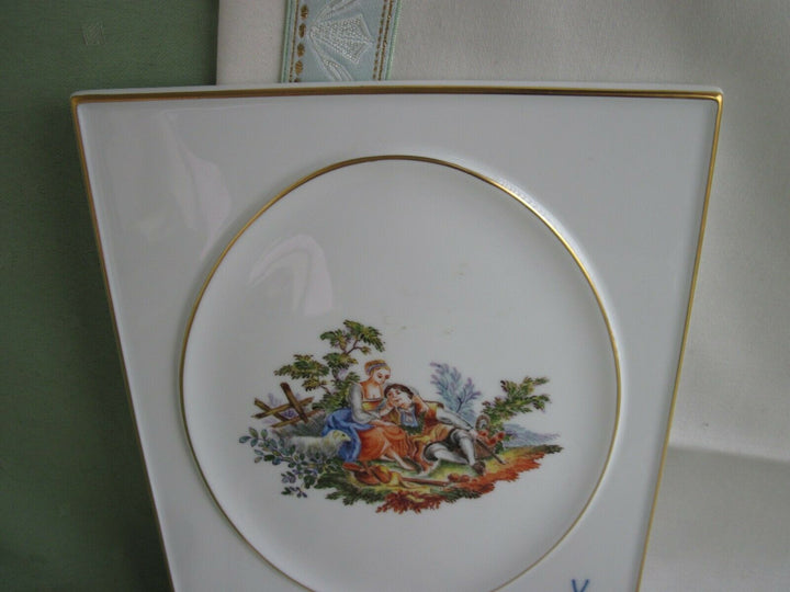 Schöne Meissen Bildplatte mit Watteau-Malerei, Liebes-Szene und Gold