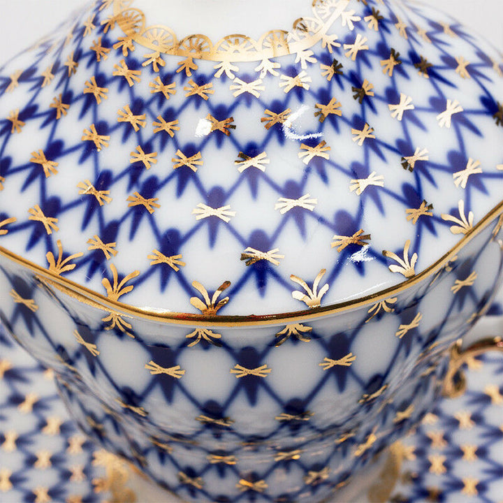 インペリアルポーセリン　蓋つきティーカップ＆ソーサーセット　コバルトネット