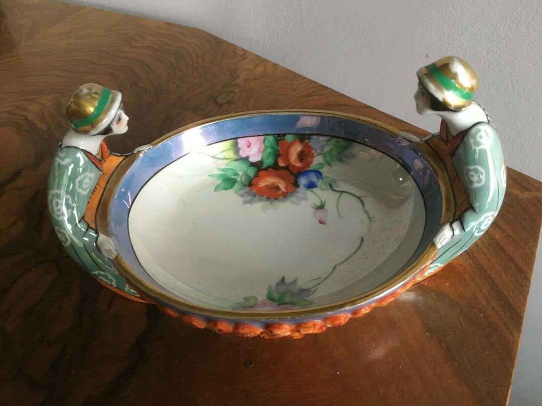 Rare art deco 1930s Noritake Two Sisters Flapper Girls porcelain bowl Green mark