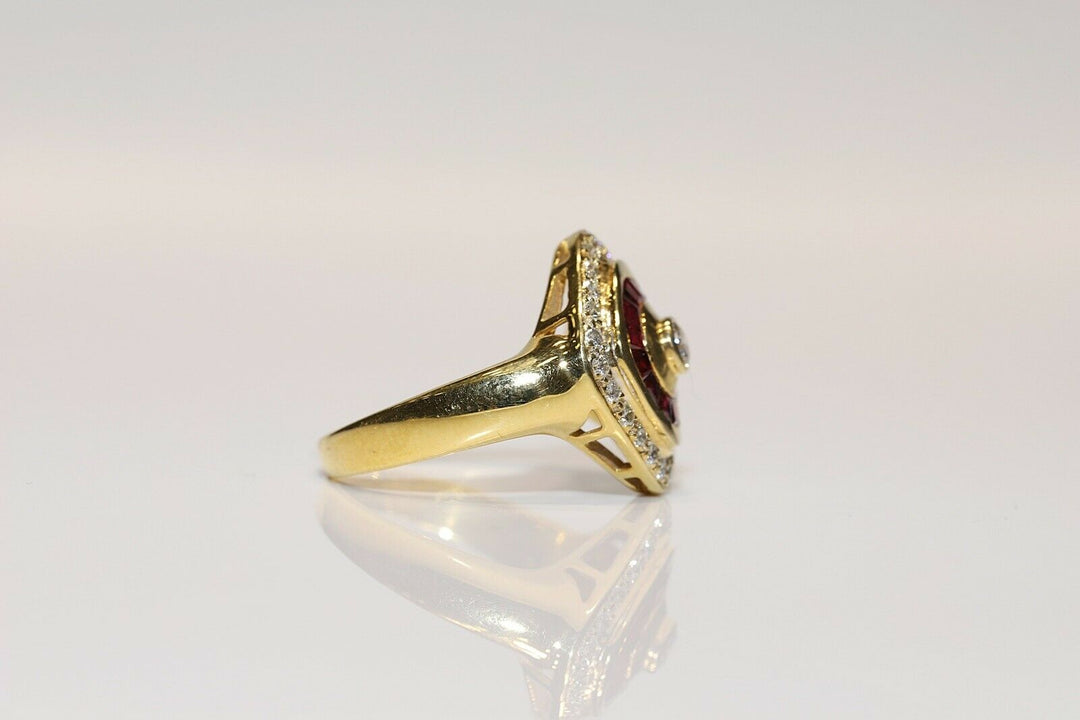 オールド 18K ナチュラルダイヤモンドとカリバールビーのナヴェットリング