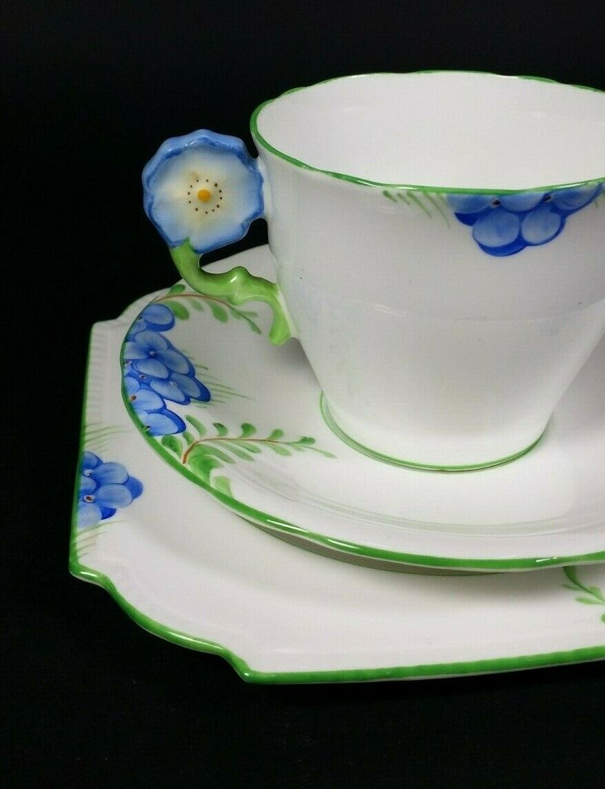 Aynsley RARE Flower Handle Tea Cup and Saucer Trio ART DECO Hand Painted