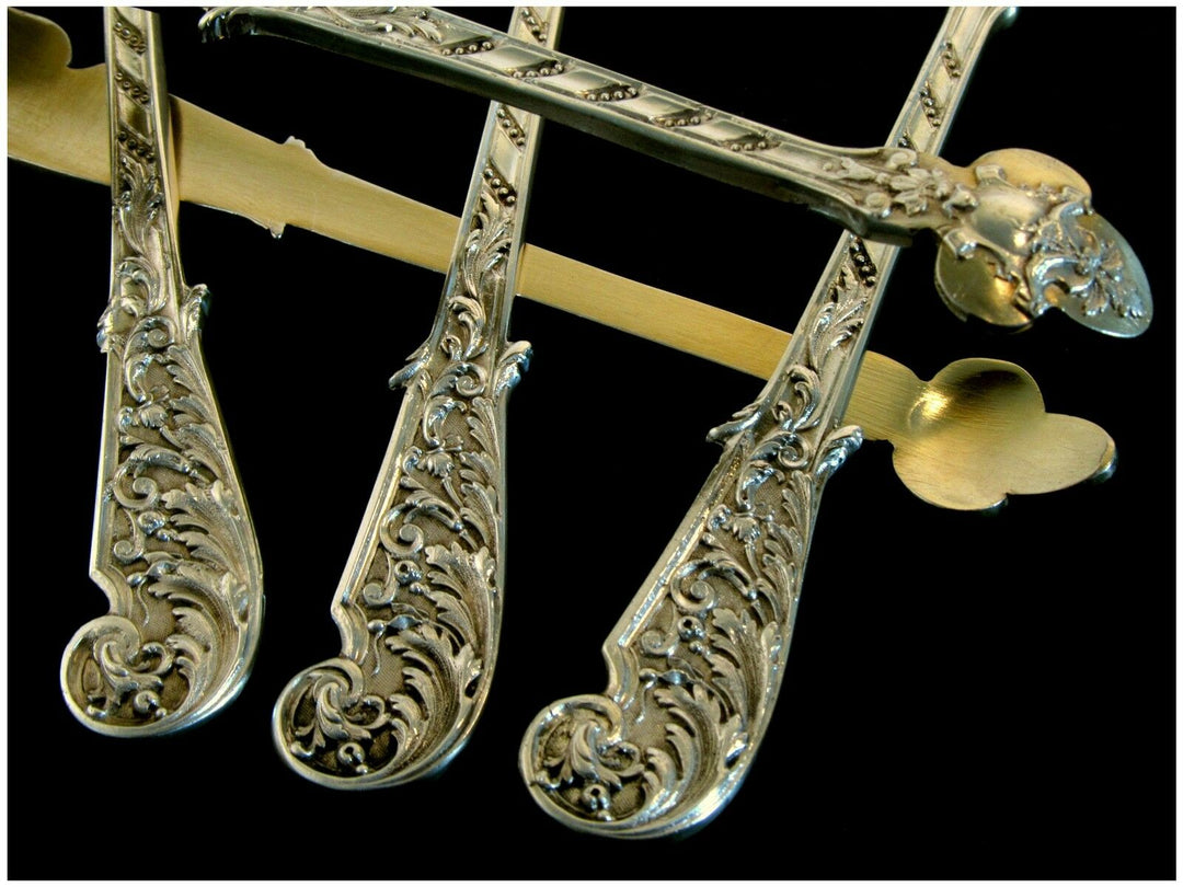 Soufflot French Sterling Silver 18K Gold Dessert Hors D'oeuvre Set 4 pc w/box