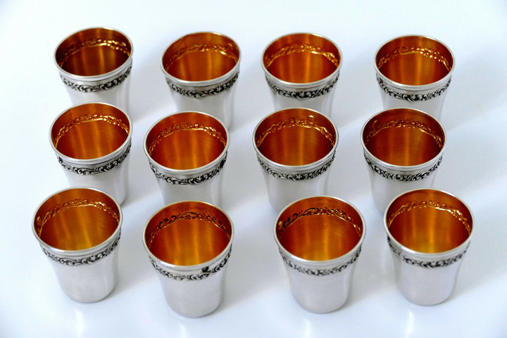 Antique French Sterling Silver 18k Gold Liquor Cups 12 pieces, Original Box