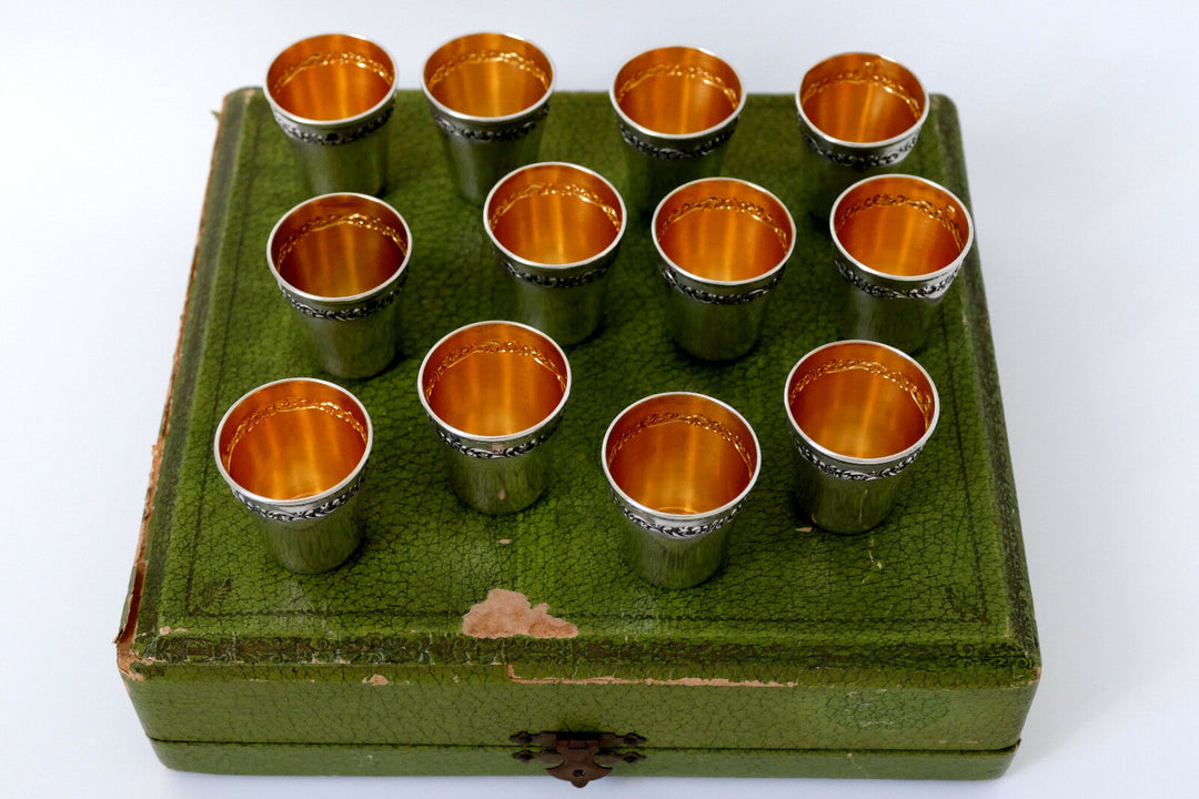 Antique French Sterling Silver 18k Gold Liquor Cups 12 pieces, Original Box