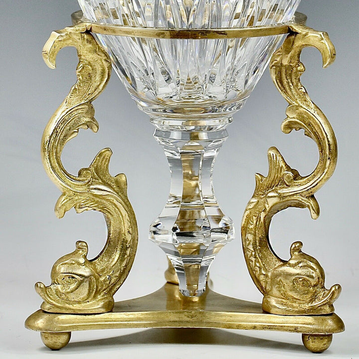 Antique French Baccarat clear crystal Urn Vase on gilt bronze Dolphins base