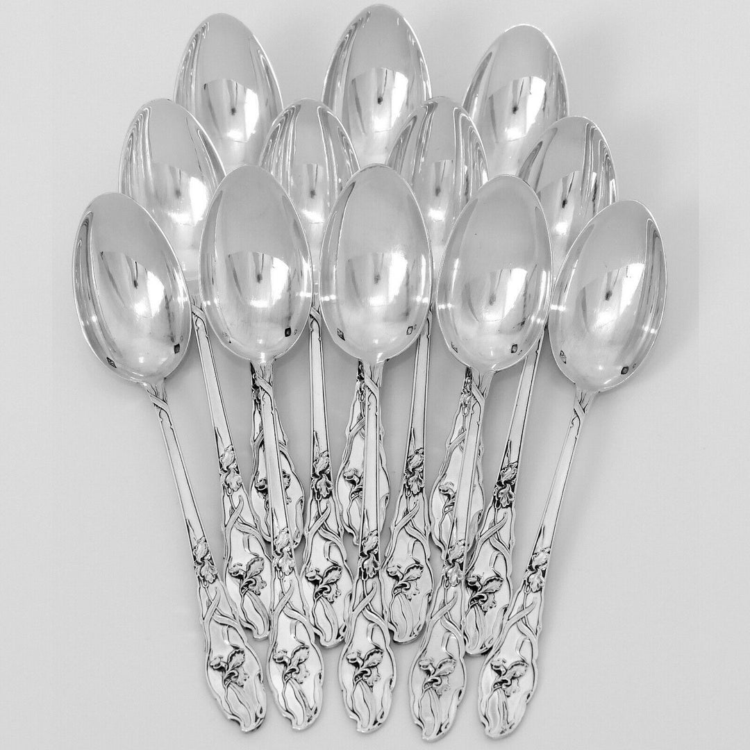 Ravinet Rare French Sterling Silver Tea Coffee Spoons Set 12 Pc, Iris, Box