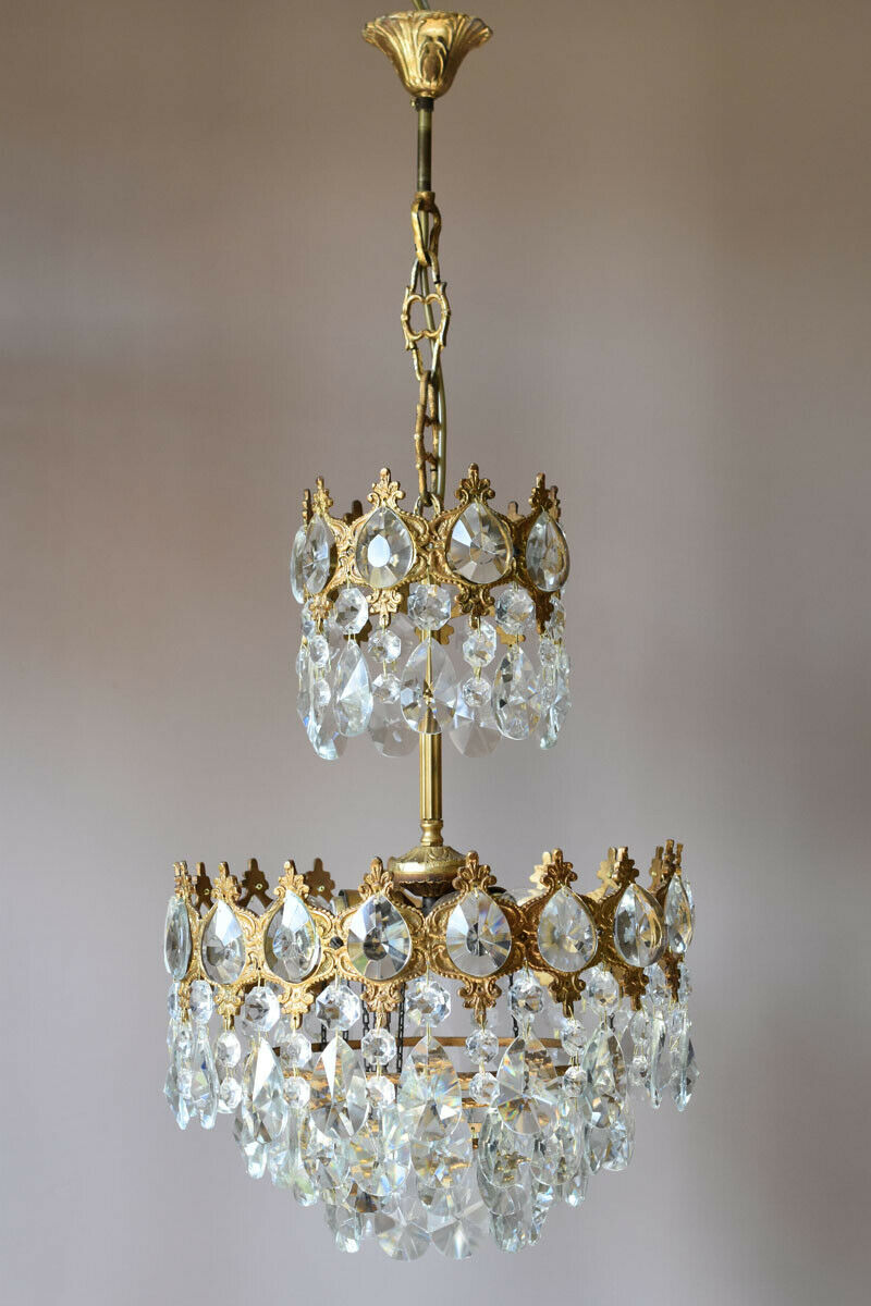 Brass Vintage Crystal Chandelier, Antique Lighting Bridal Lamp French Lustre