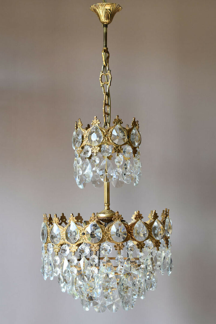 Brass Vintage Crystal Chandelier, Antique Lighting Bridal Lamp French Lustre