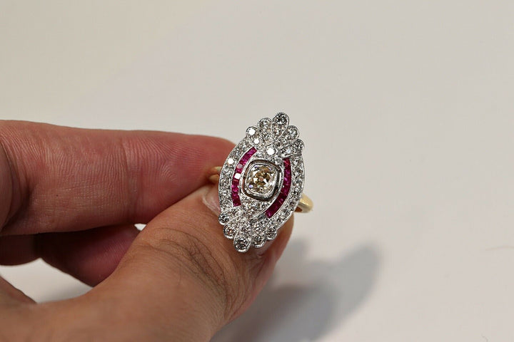 アールデコスタイル 18K ナチュラルダイヤモンドとルビーのナヴェットリング
