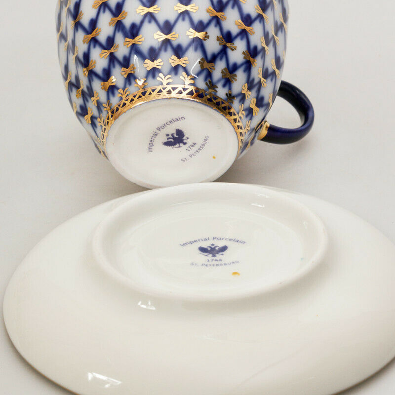 Cobalt Net Coffee Cup & Saucer by Imperial Porcelain Russian Lomonosov LFZ IFZ