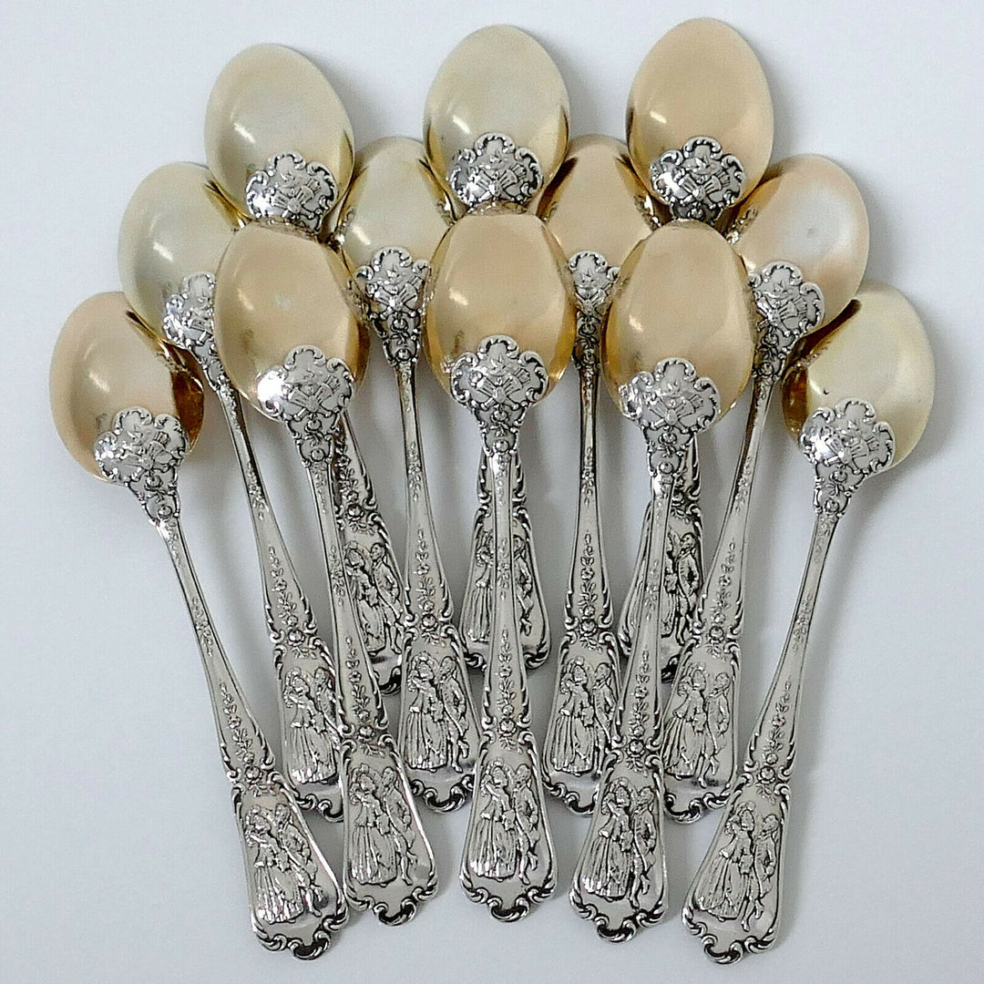 Puiforcat Masterpiece French Sterling Silver 18k Gold Tea Spoons Set 12 Pc, Box