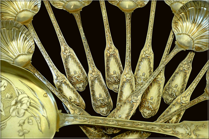 Puiforcat Masterpiece French Sterling Silver 18k Gold Ice Cream Set w/box Putti