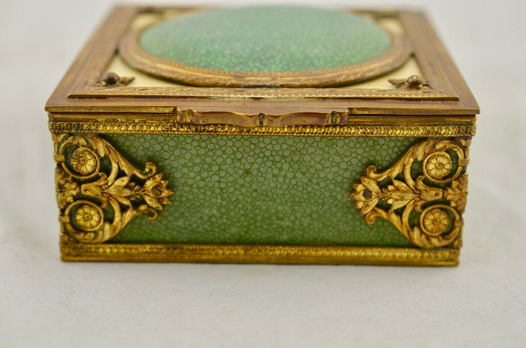 Antique French C.19th shagreen & gilt ormolu bronze hinged dressing table box